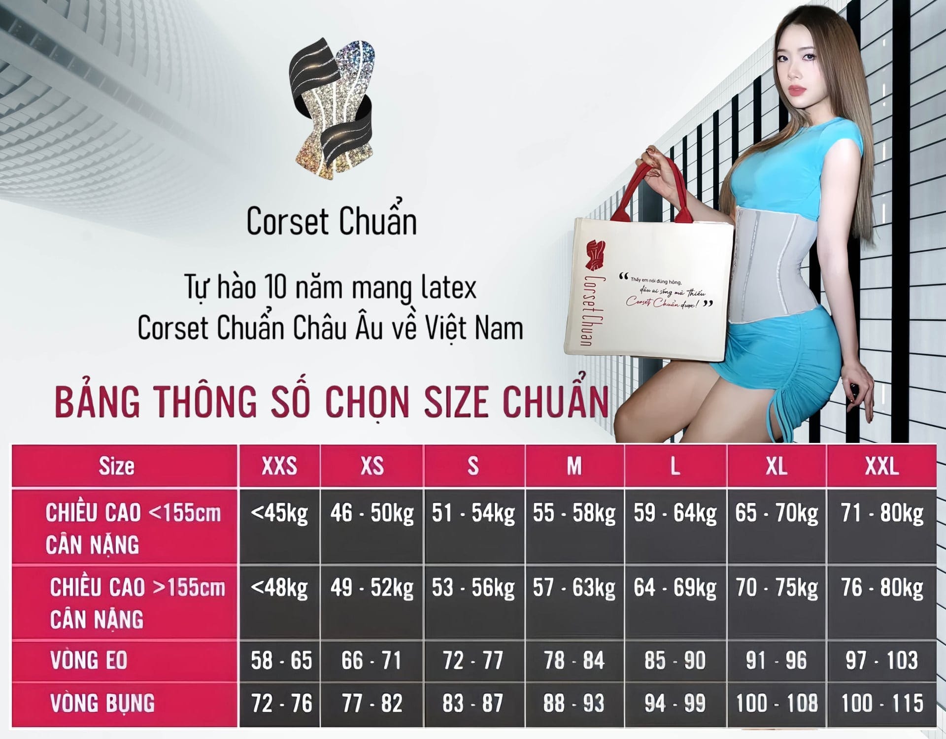Bảng Thông Số Chọn Size Latex Corset Chuẩn