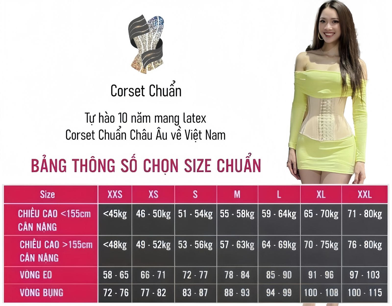Bảng thông số chọn size Đai Nịt Bụng Latex